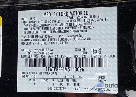 2021 Ford Mustang Gt Premium z USA, uszkodzony, nr VIN 1FATP8FF4M5143096